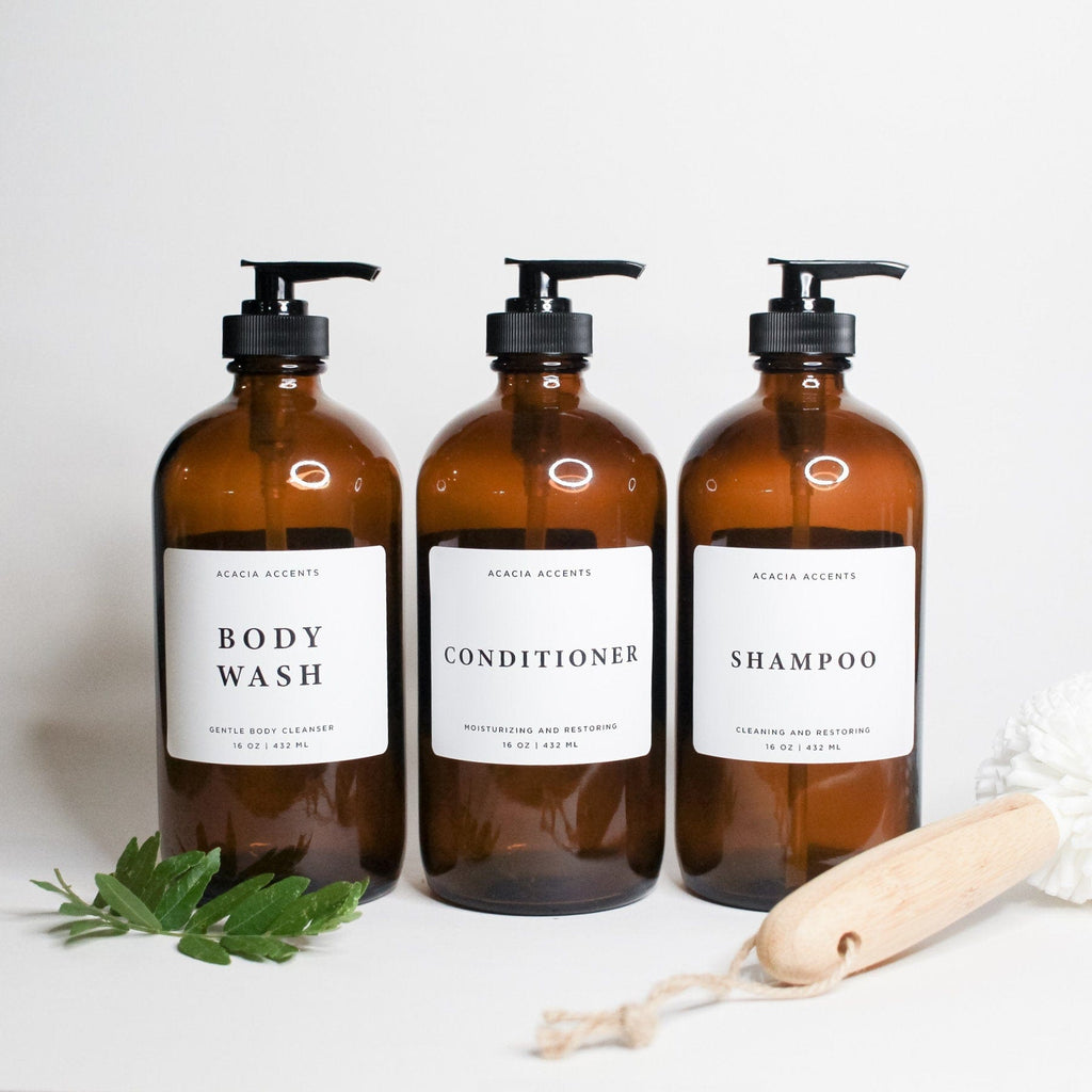 Bathroom Trio Dispensers | Amber Plastic Dispensers | Shampoo, Conditioner, and Body Wash Dispensers | Bathroom Dispenser Set